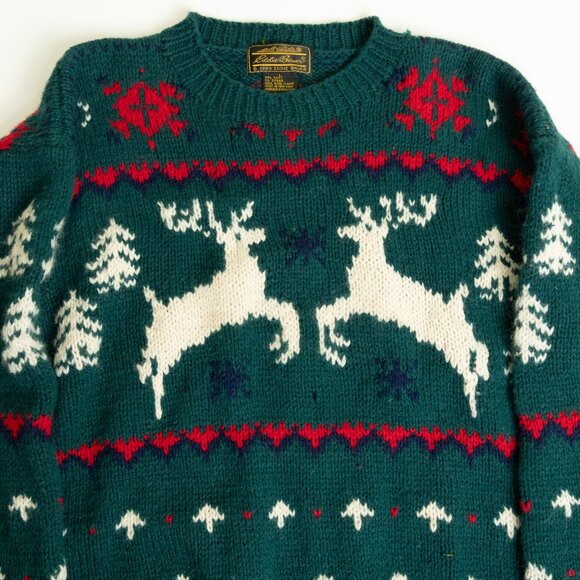 Eddie Bauer Reindeer Wool Sweater Green Nordic Christmas Vintage - Picture 4 of 12